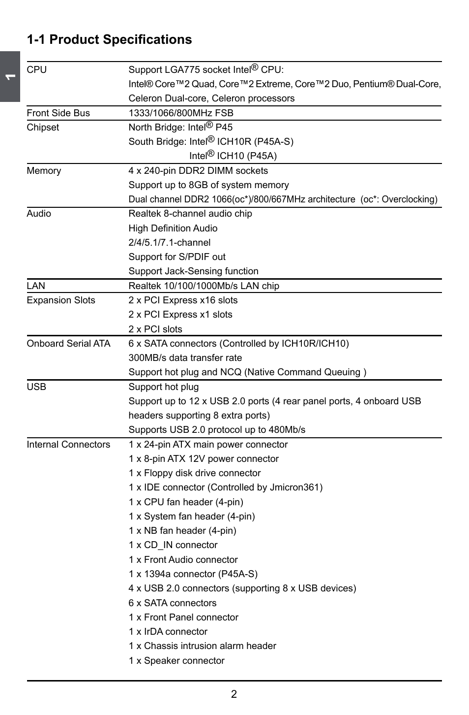 1 product specifications | Foxconn P45A User Manual | Page 9 / 116