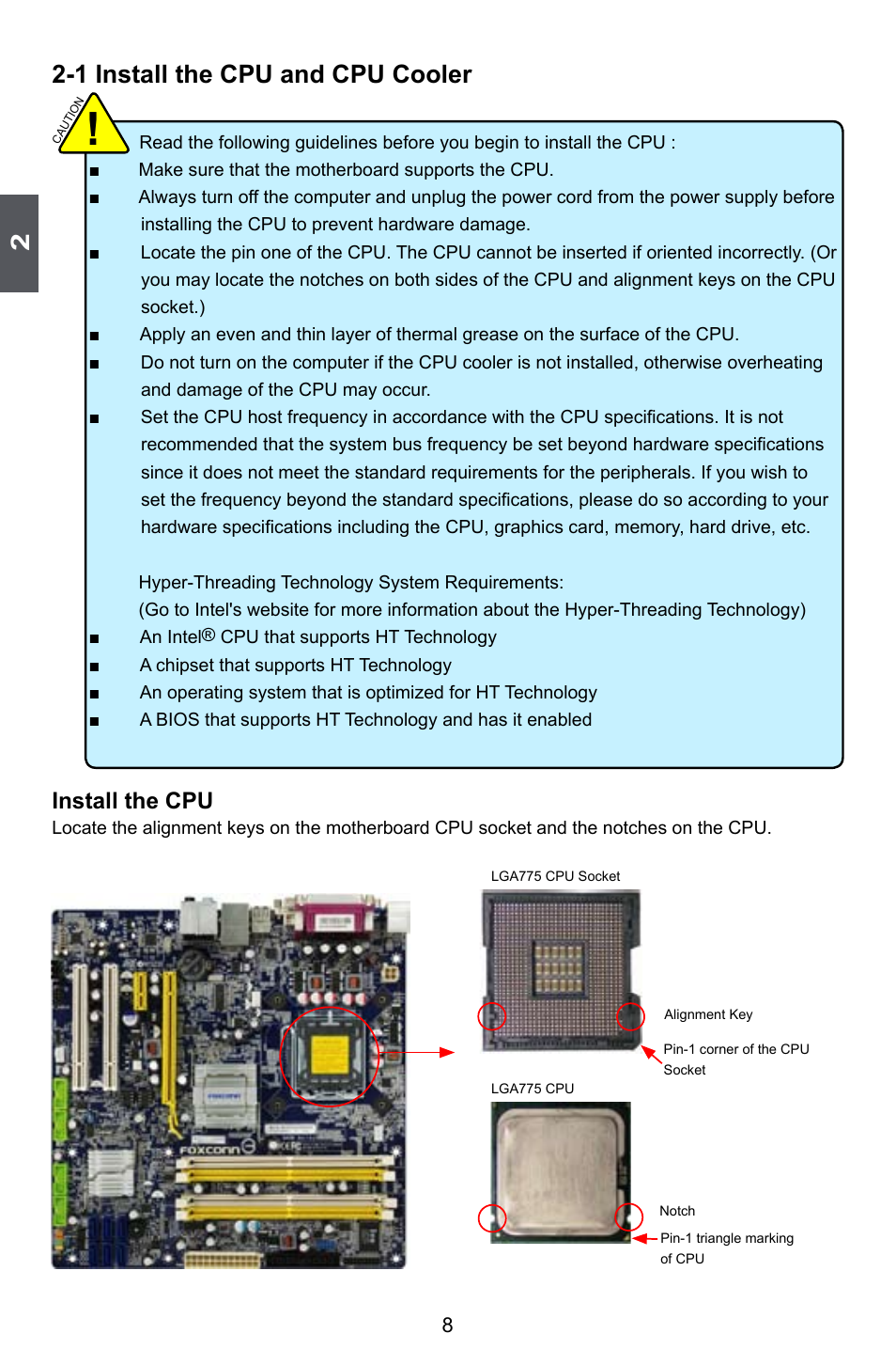 1 install the cpu and cpu cooler, Install the cpu | Foxconn Q45M User Manual | Page 15 / 113