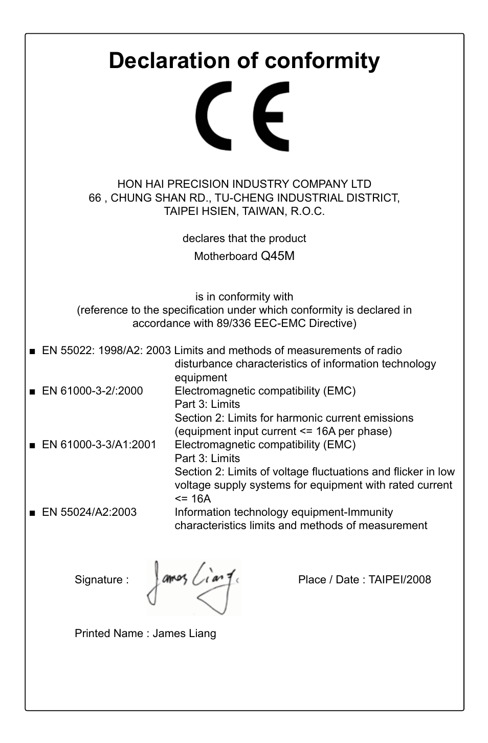 Declaration of conformity | Foxconn Q45M User Manual | Page 3 / 113