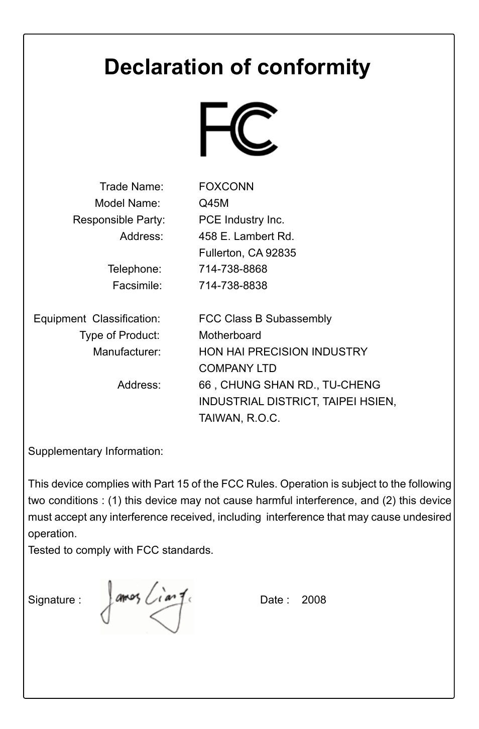 Declaration of conformity | Foxconn Q45M User Manual | Page 4 / 113