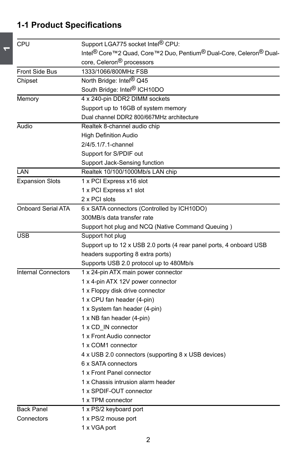 1 product specifications | Foxconn Q45M User Manual | Page 9 / 113