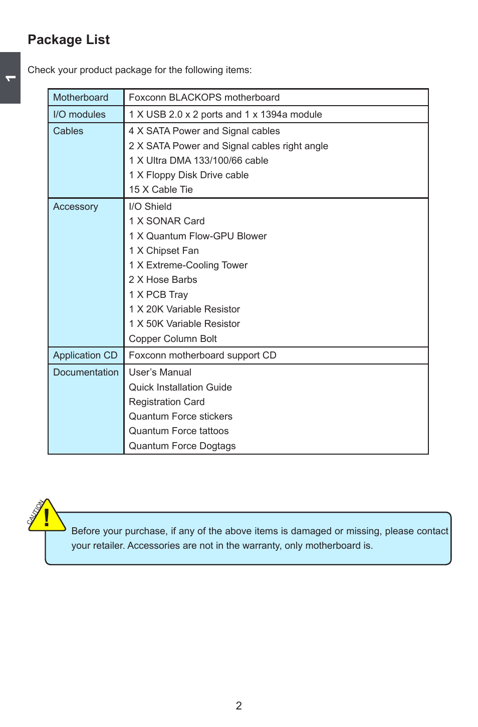 Package list | Foxconn BLACKOPS User Manual | Page 9 / 120