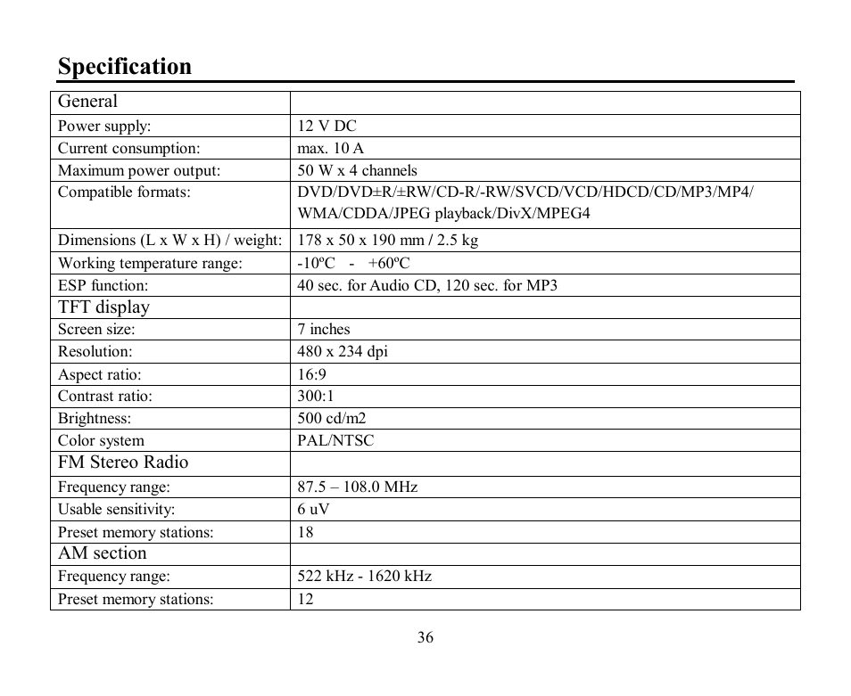 Specification | Hyundai H-CMMD4044 User Manual | Page 36 / 77