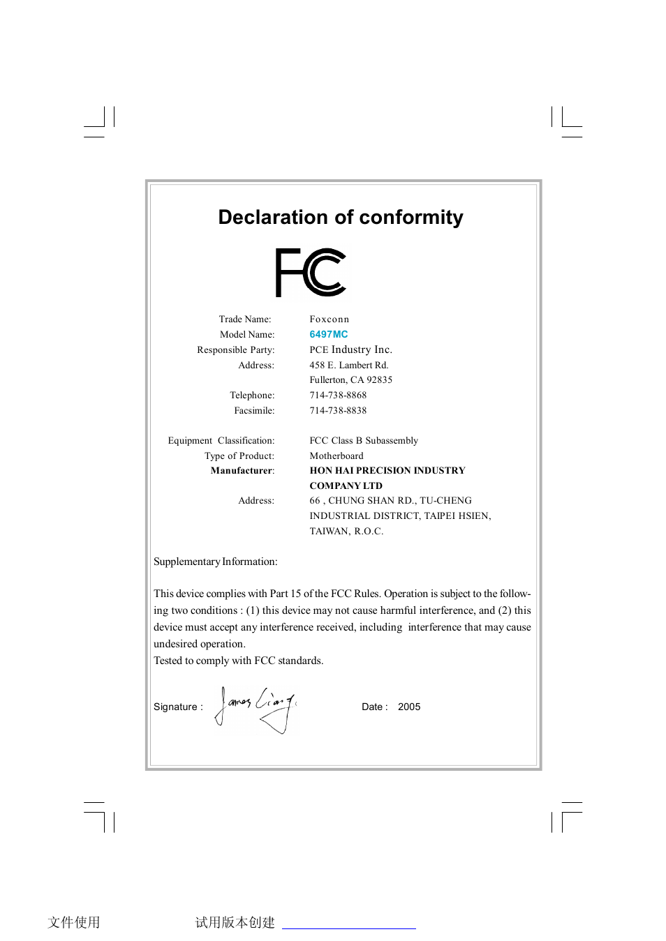 Declaration of conformity | Foxconn 6497MC-RSH User Manual | Page 3 / 55