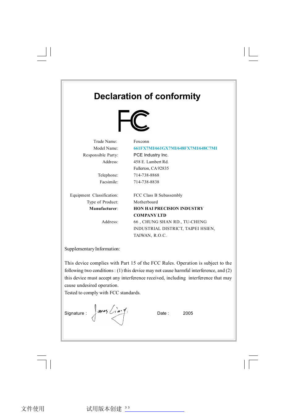 Declaration of conformity | Foxconn 661FX7MI-RS User Manual | Page 3 / 83