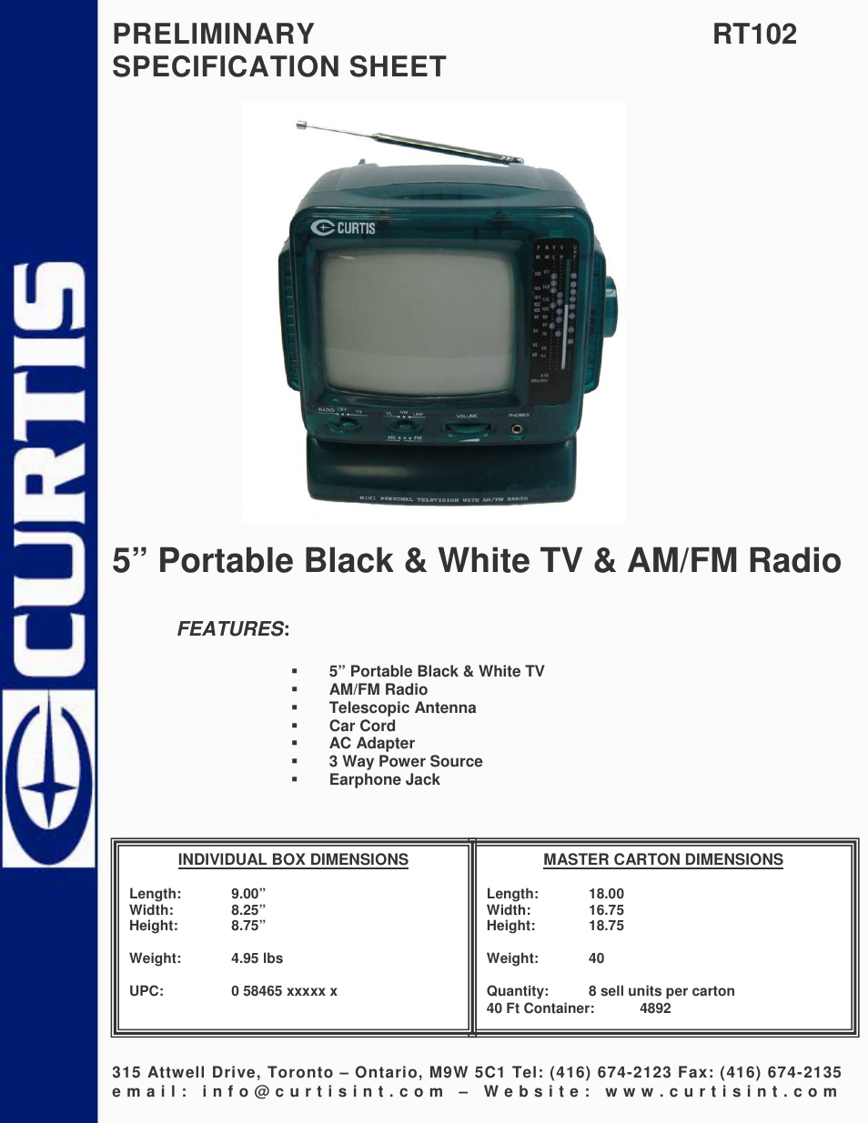 Curtis RT102 User Manual | 1 page
