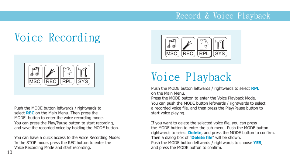 页 12, Voice recording, Voice playback | Record & voice playback | Curtis MP2050UK User Manual | Page 12 / 19