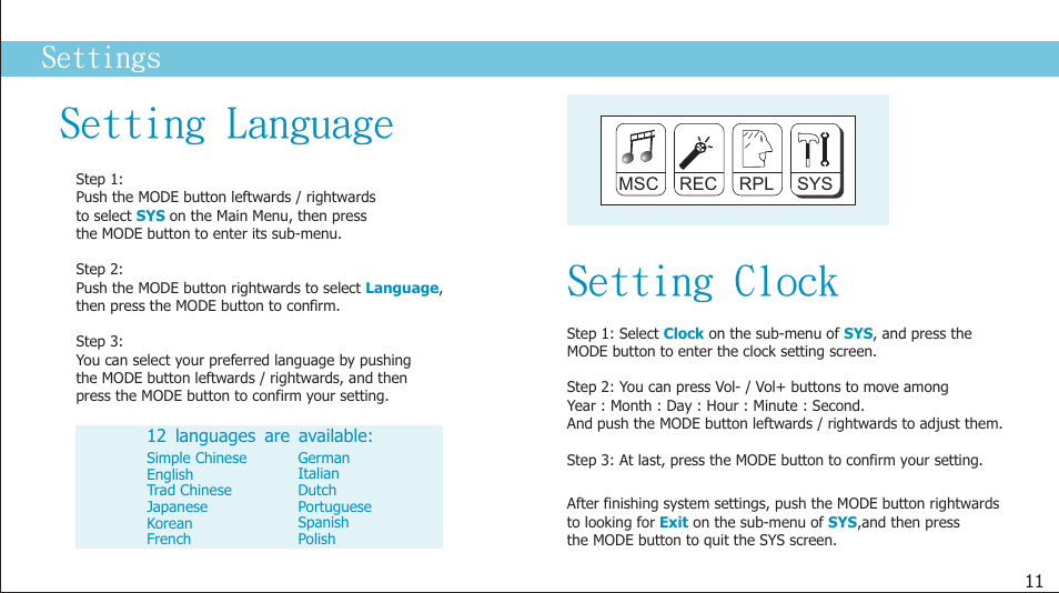页 13, Setting clock, Setting language | Settings | Curtis MP2050UK User Manual | Page 13 / 19