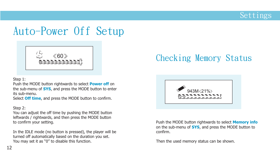 页 14, Auto-power off setup, Settings | Curtis MP2050UK User Manual | Page 14 / 19