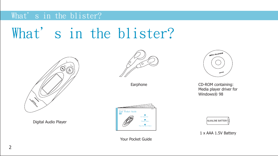 What’s in the blister, Digital audio player mp901 mic play rec | Curtis MP2050UK User Manual | Page 4 / 19