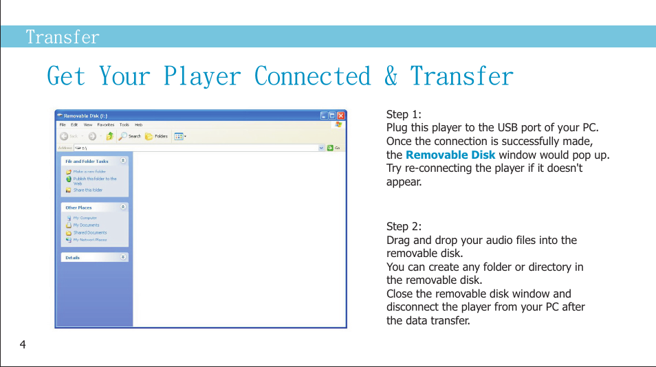 Get your player connected & transfer, Transfer | Curtis MP2050UK User Manual | Page 6 / 19