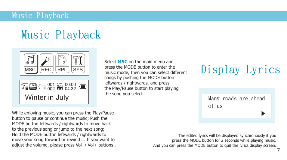 Music playback display lyrics, Music playback, Winter in july | Curtis MP2050UK User Manual | Page 9 / 19