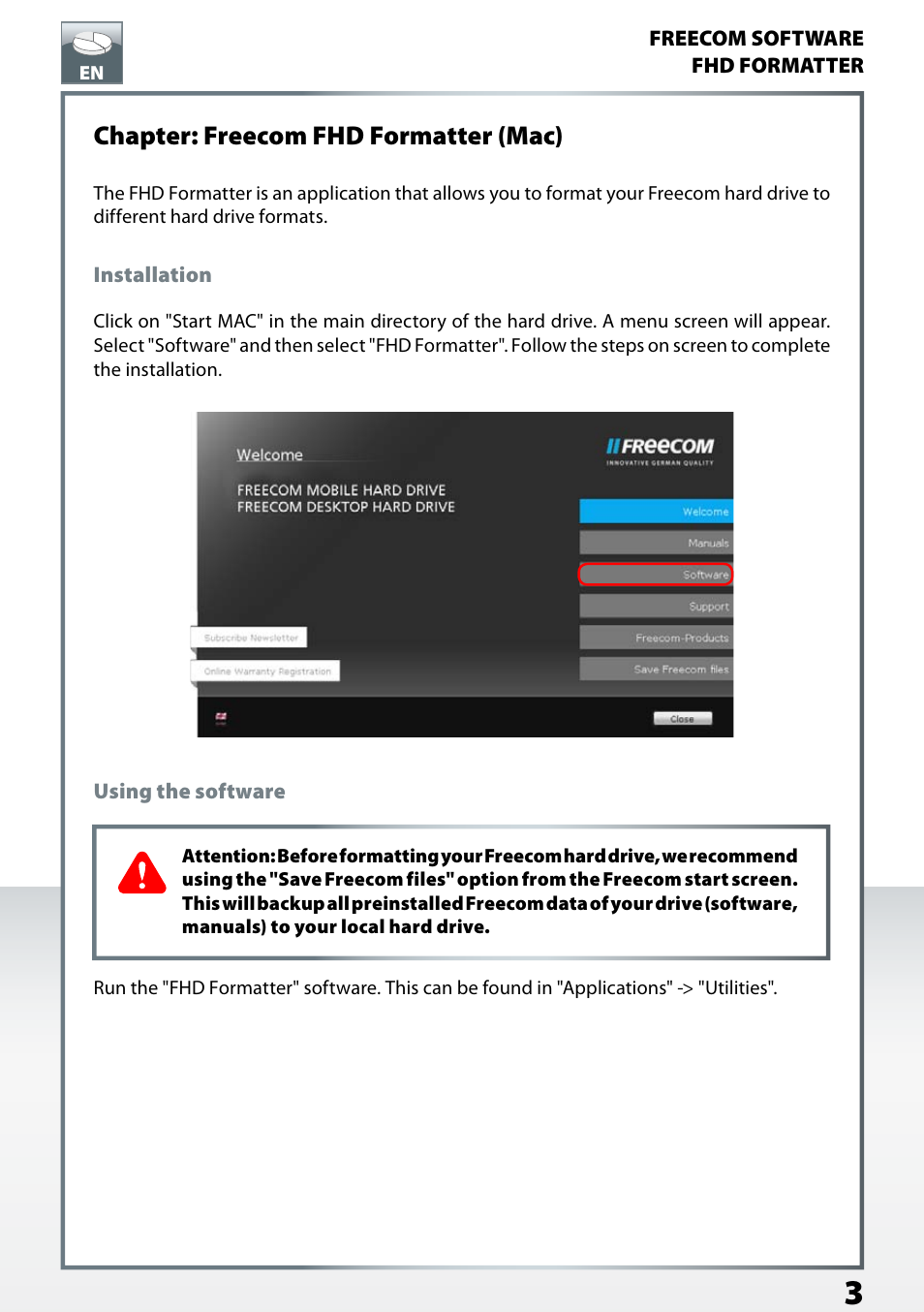 Chapter : freecom fhd formatter (mac), Installation, Using the software | Chapter: freecom fhd formatter (mac) | Freecom Mac Formatter User Manual | Page 3 / 5