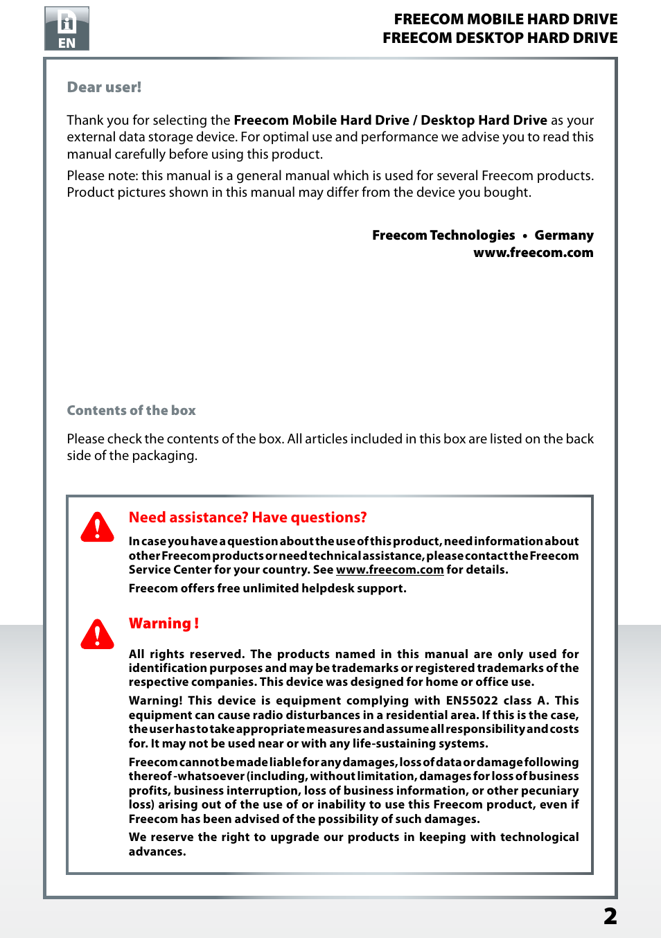 Dear user | Freecom Mobile Drive Mg User Manual | Page 2 / 11