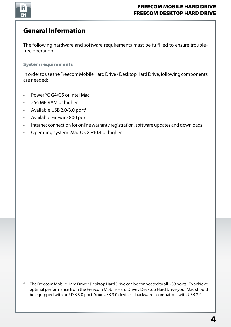 General information, System requirements | Freecom Mobile Drive Mg User Manual | Page 4 / 11