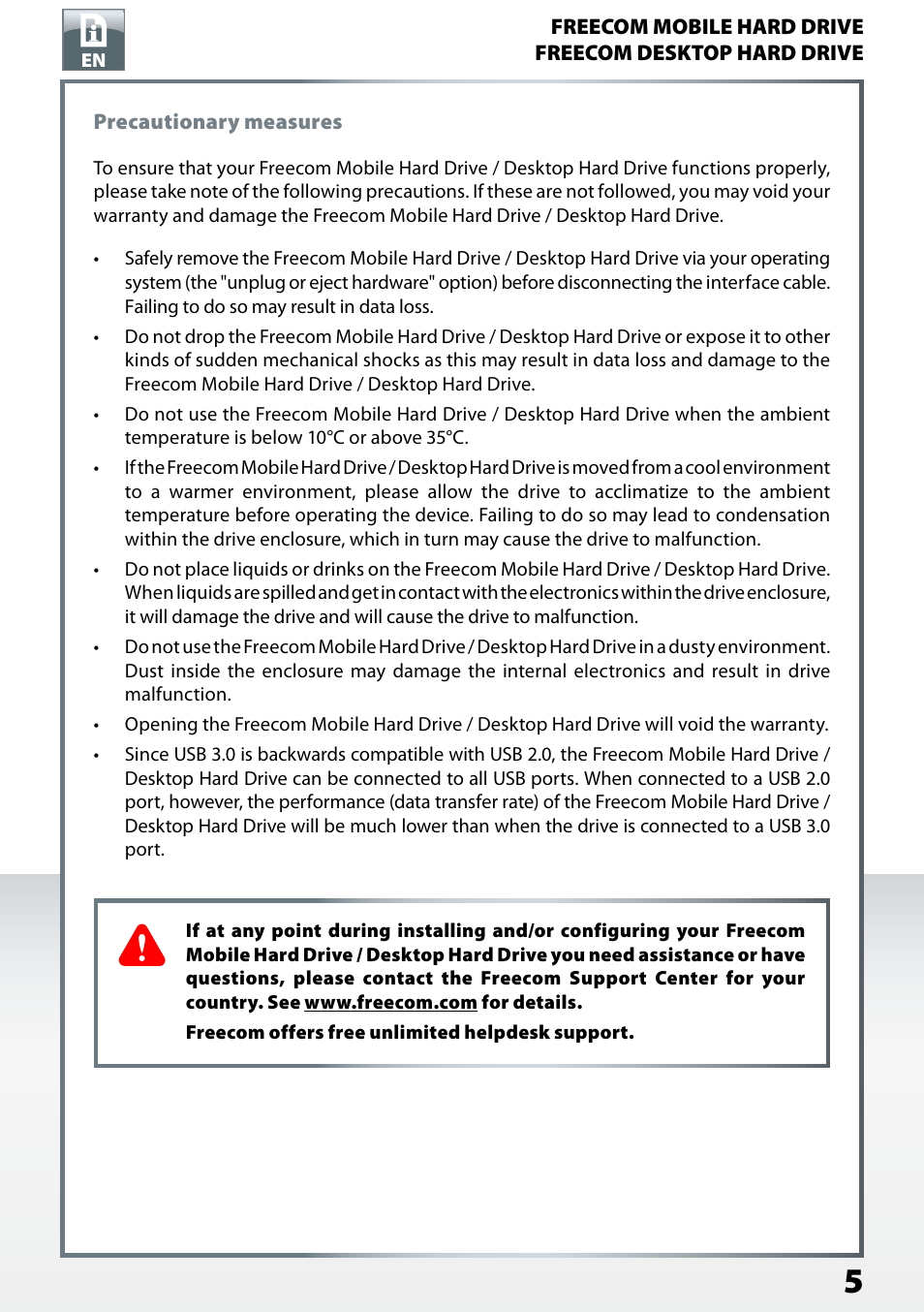 Precautionary measures | Freecom Mobile Drive Mg User Manual | Page 5 / 11