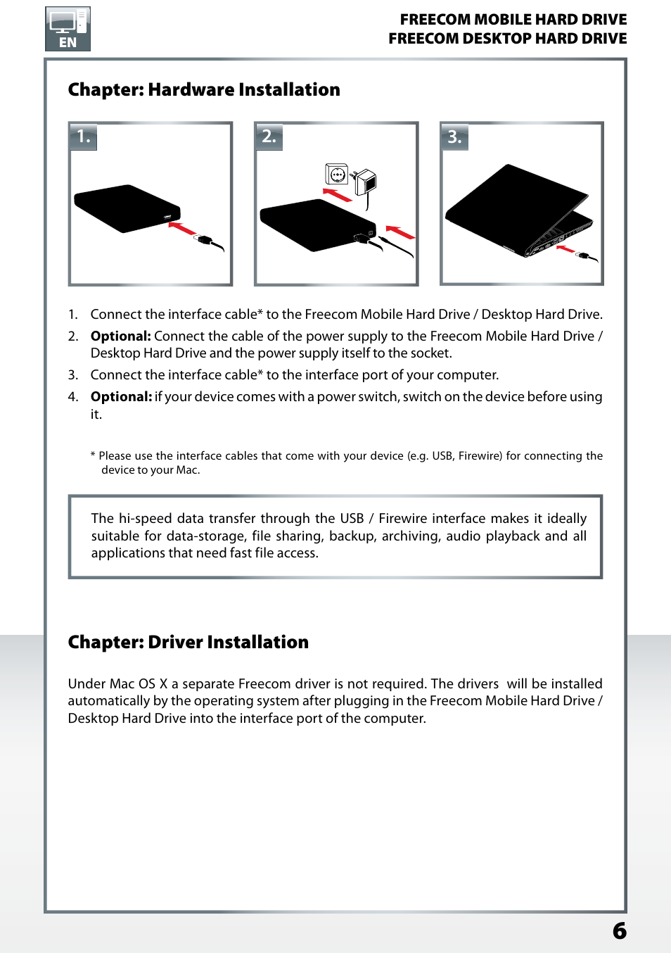 Chapter: hardware installation, Chapter: driver installation | Freecom Mobile Drive Mg User Manual | Page 6 / 11