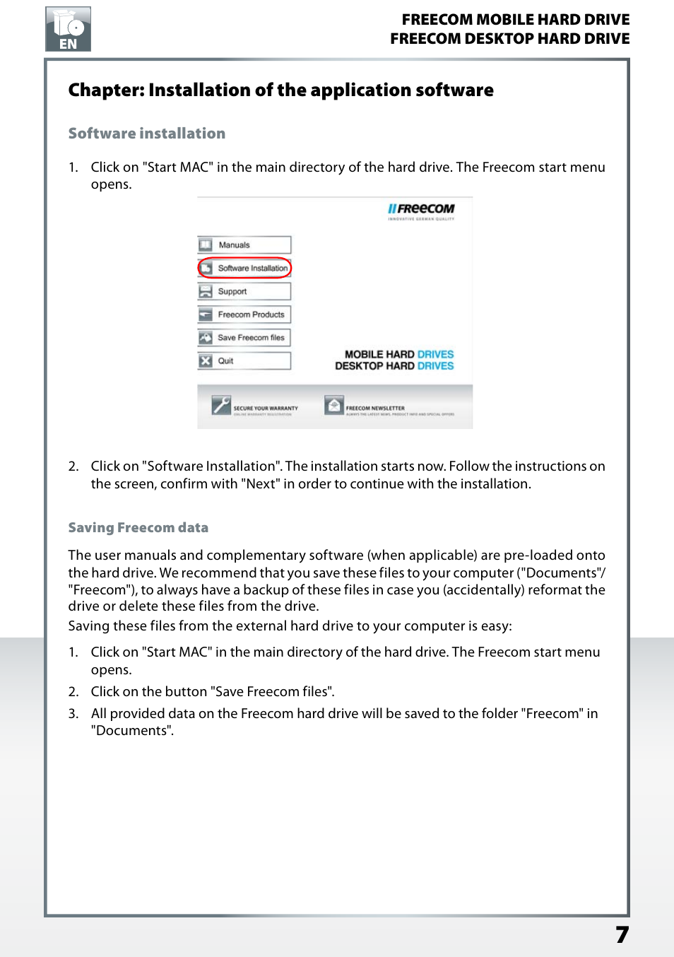 Chapter: installation of the application software, Software installation, Saving freecom data | Freecom Mobile Drive Mg User Manual | Page 7 / 11