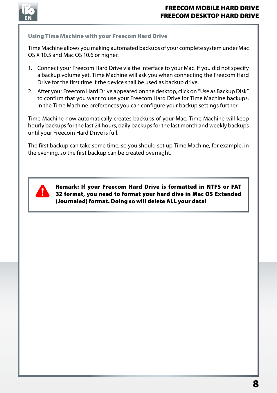 Using time machine with your freecom hard drive | Freecom Mobile Drive Mg User Manual | Page 8 / 11