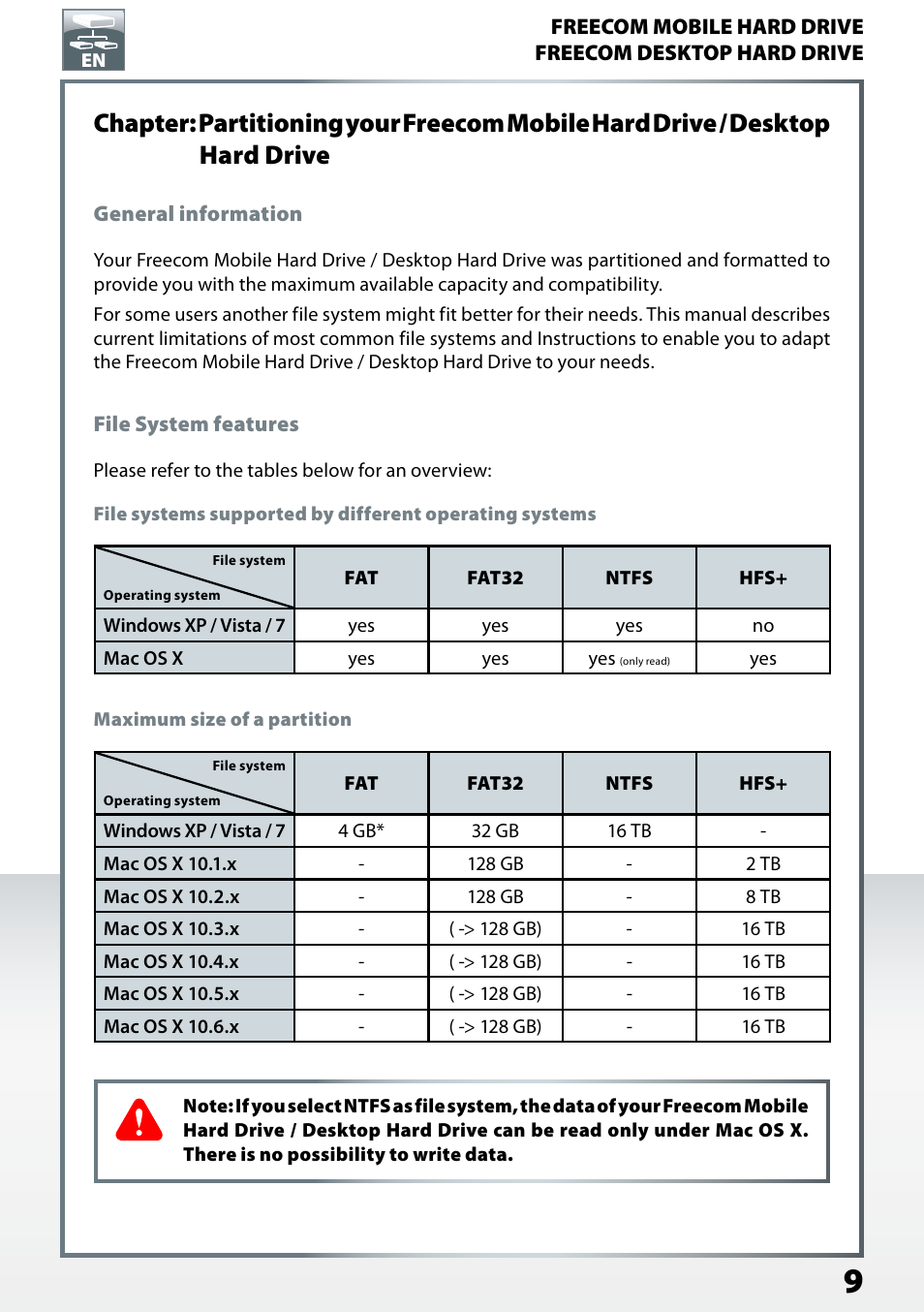 General information, File system features | Freecom Mobile Drive Mg User Manual | Page 9 / 11