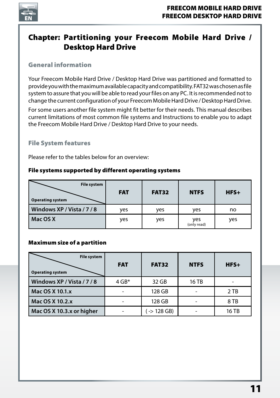 General information, File system features | Freecom TD SSD User Manual User Manual | Page 11 / 21