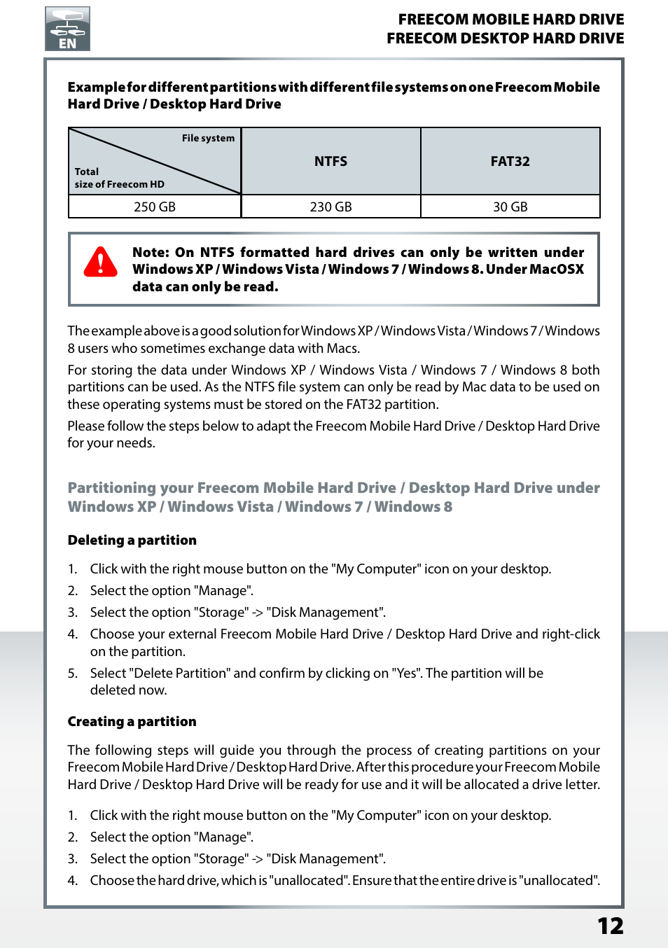 Deleting a partition, Creating a partition | Freecom TD SSD User Manual User Manual | Page 12 / 21