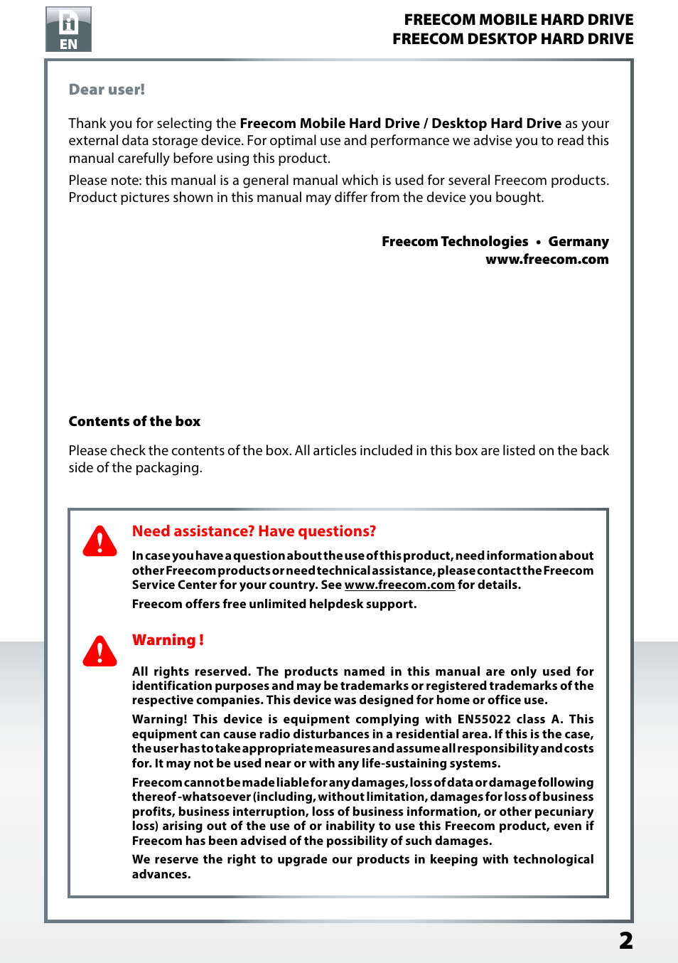 Dear user, Contents of the box, Need assistance? have questions | Warning | Freecom TD SSD User Manual User Manual | Page 2 / 21