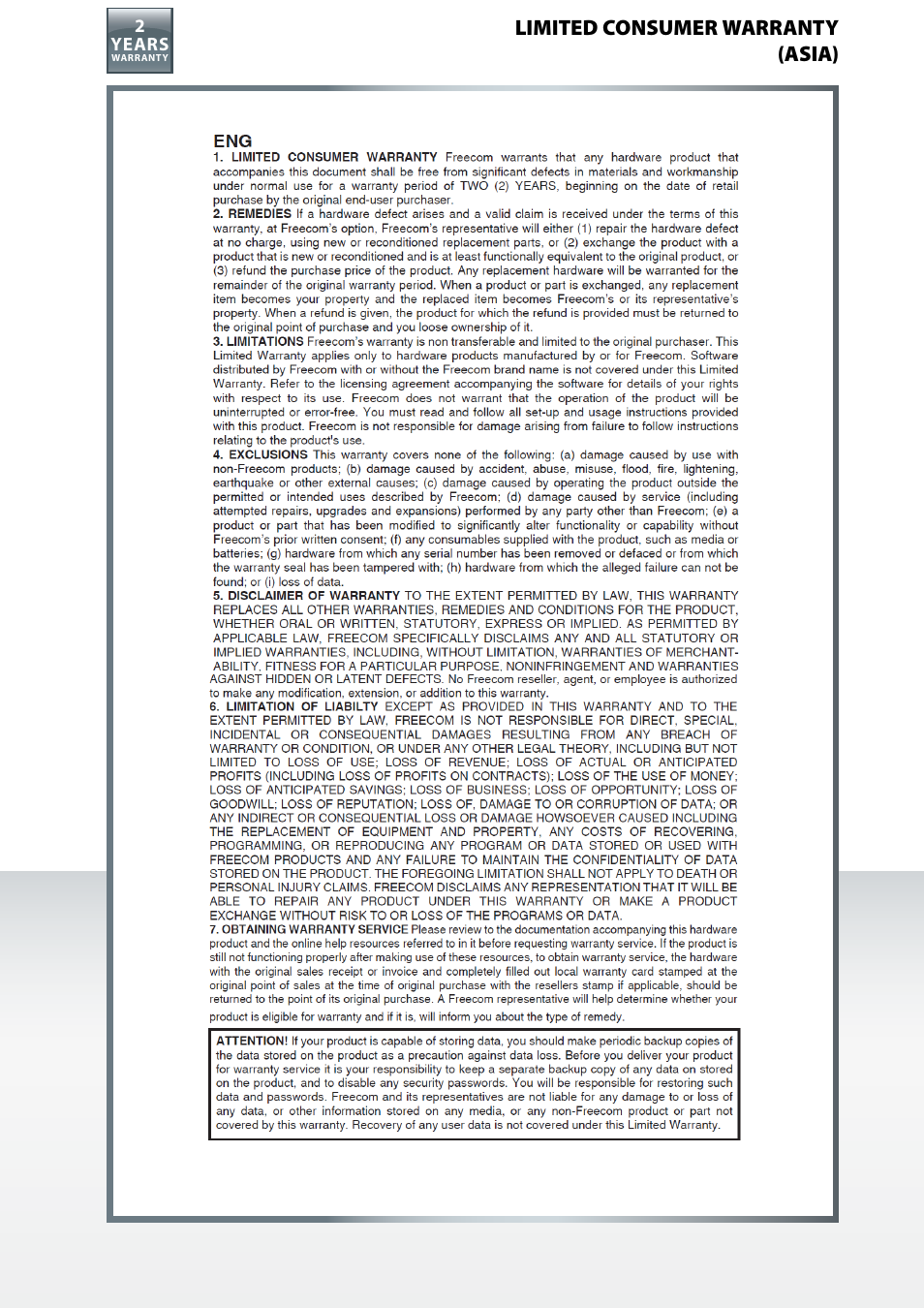 Limited consumer warranty (asia) | Freecom TD SSD User Manual User Manual | Page 21 / 21