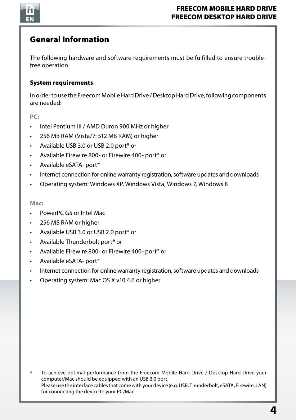 General information, System requirements | Freecom TD SSD User Manual User Manual | Page 4 / 21