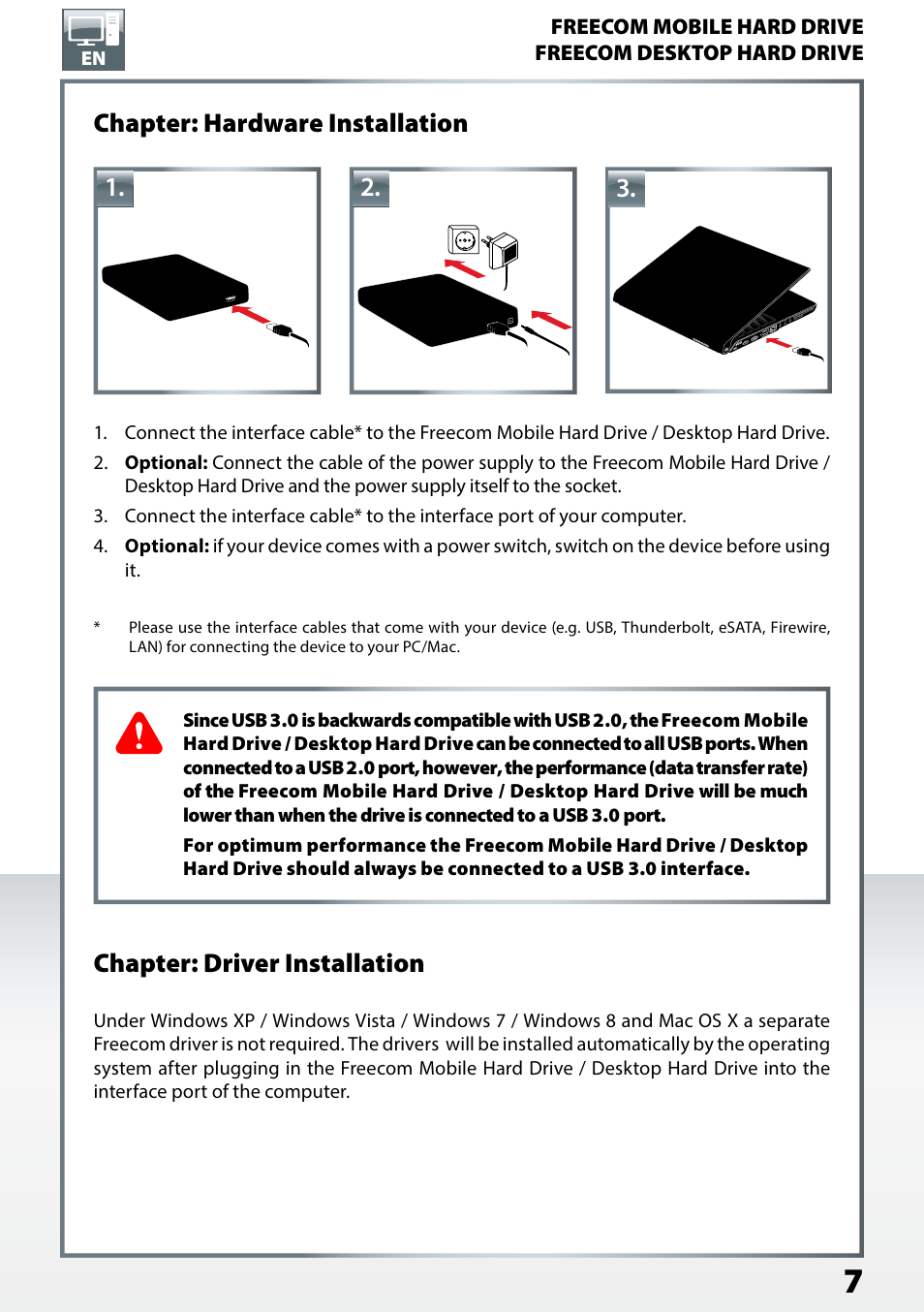 Chapter: hardware installation, Chapter: driver installation | Freecom TD SSD User Manual User Manual | Page 7 / 21