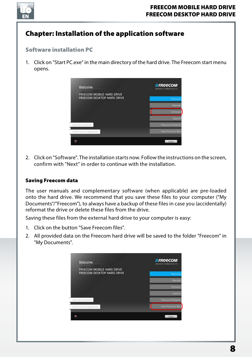 Chapter: installation of the application software, Software installation pc, Saving freecom data | Freecom TD SSD User Manual User Manual | Page 8 / 21