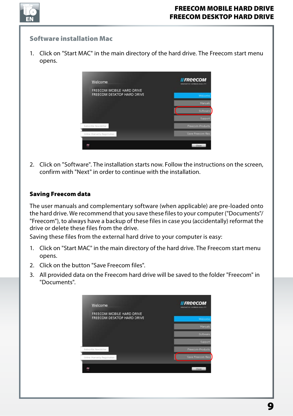 Software installation mac, Saving freecom data | Freecom TD SSD User Manual User Manual | Page 9 / 21