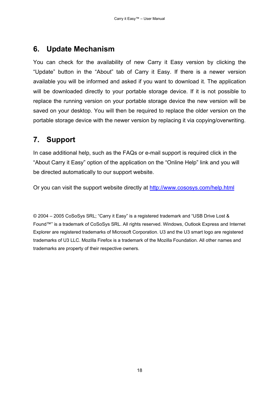 Update mechanism, Support | Freecom Datacard User Manual | Page 20 / 20