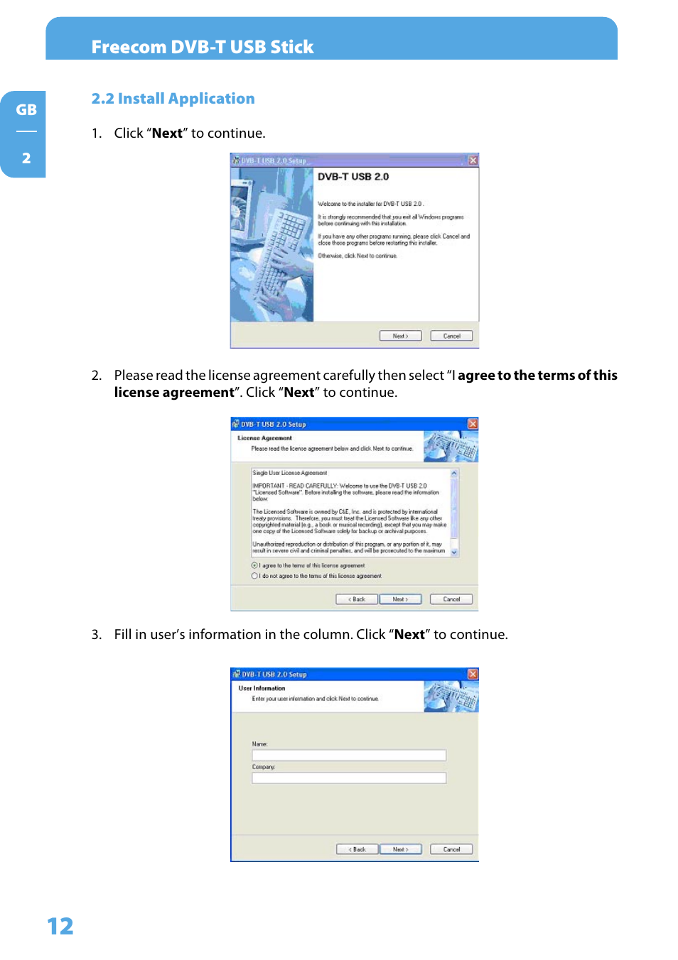 2 install application, Freecom dvb-t usb stick | Freecom DVB T USB STICK User Manual | Page 12 / 34