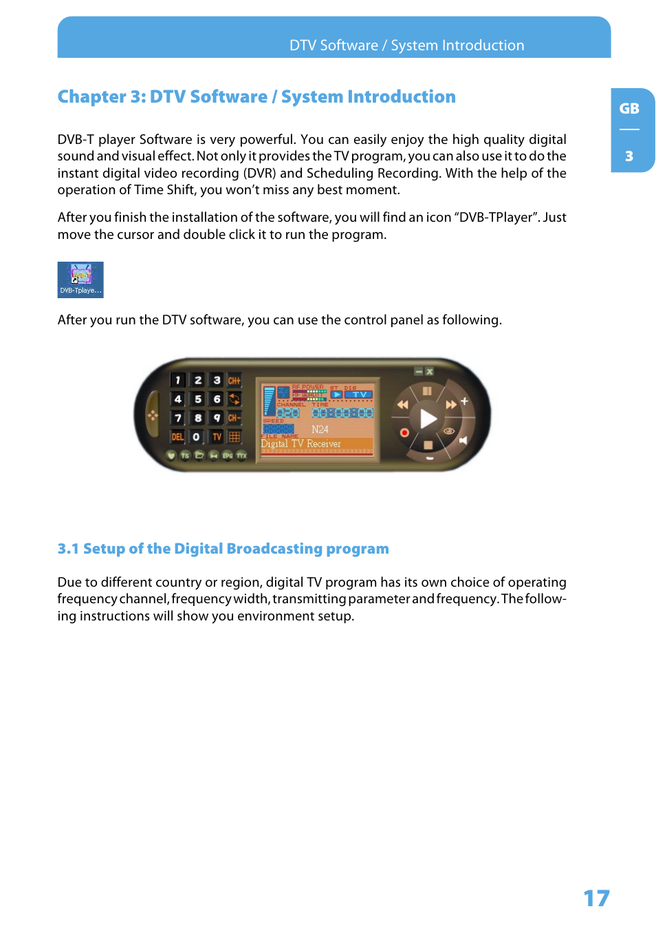 Chapter 3: dtv software / system introduction, 1 setup of the digital broadcasting program | Freecom DVB T USB STICK User Manual | Page 17 / 34