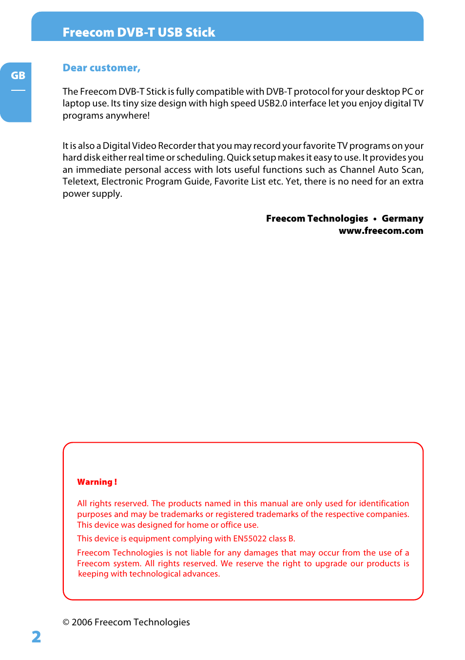 Dear customer, Freecom dvb-t usb stick | Freecom DVB T USB STICK User Manual | Page 2 / 34