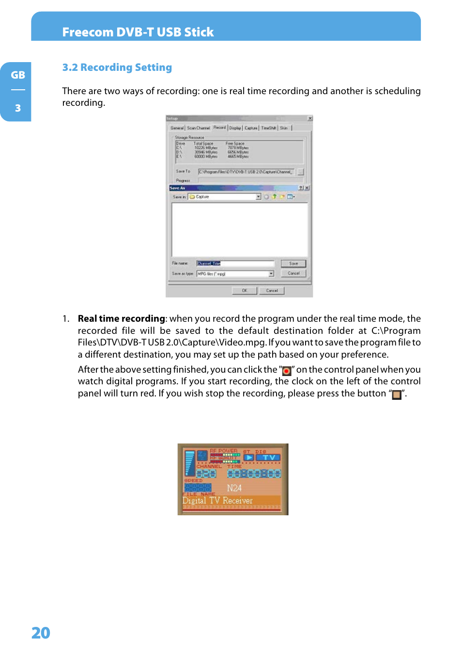 2 recording setting, Freecom dvb-t usb stick | Freecom DVB T USB STICK User Manual | Page 20 / 34