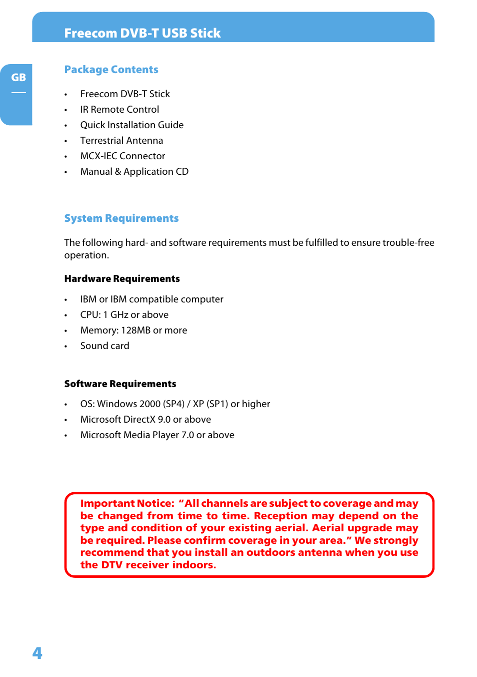 General information, System requirements, Package contents | Hardware requirements, Software requirements, Freecom dvb-t usb stick | Freecom DVB T USB STICK User Manual | Page 4 / 34
