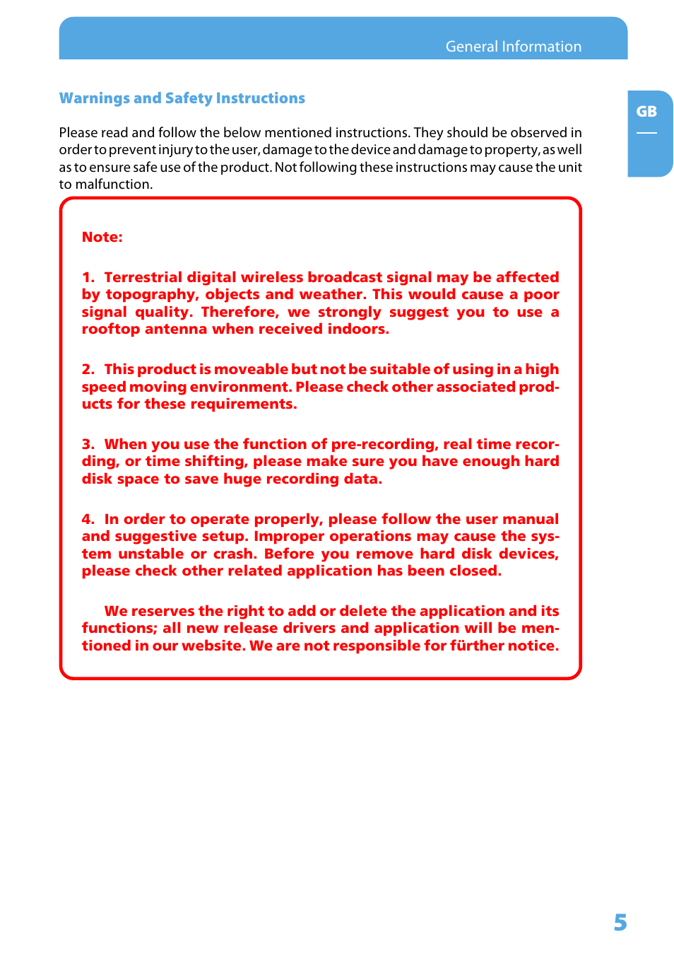 Warnings and safety instructions | Freecom DVB T USB STICK User Manual | Page 5 / 34