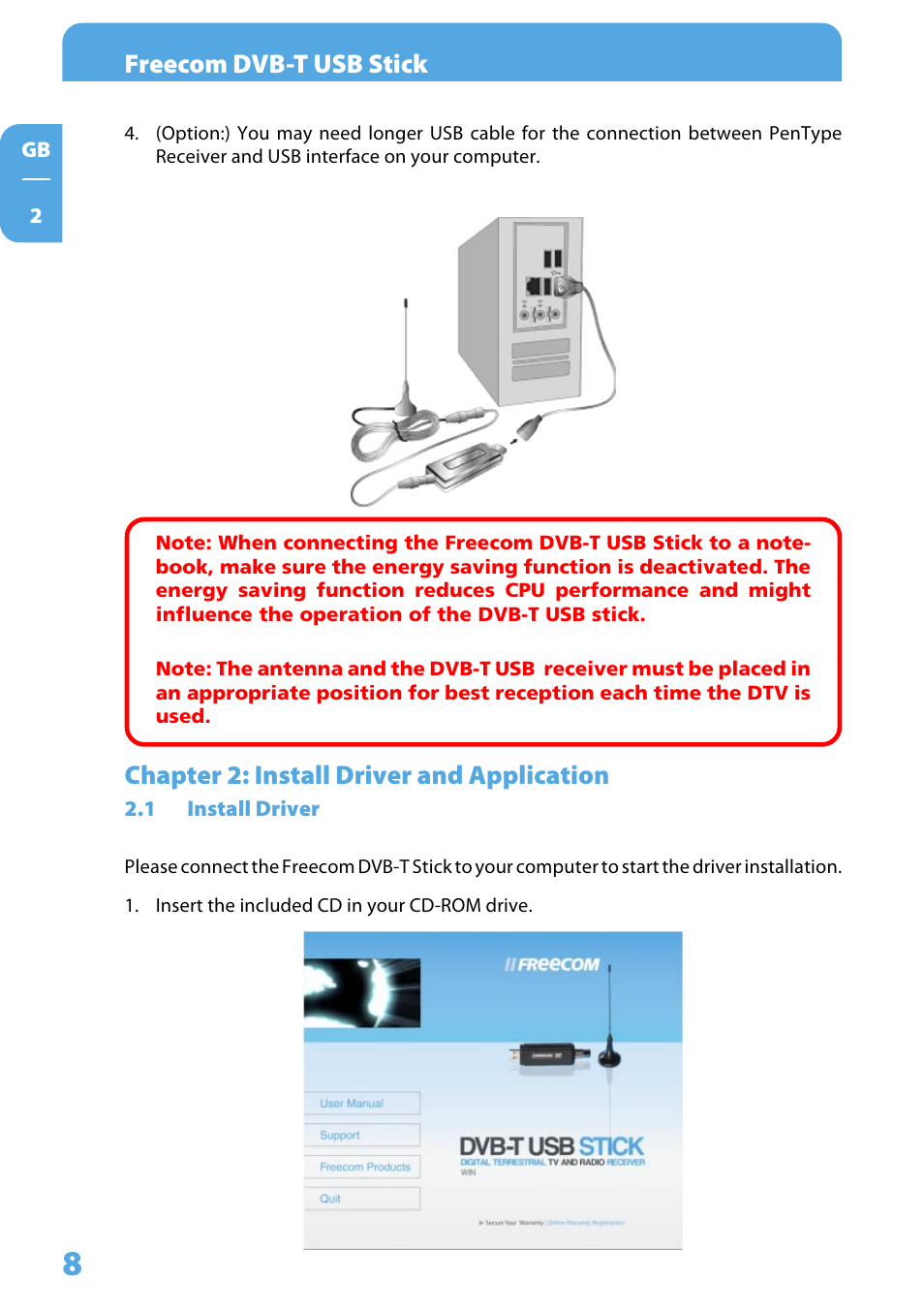 Chapter 2: install driver and application, 1 install driver, Freecom dvb-t usb stick | Freecom DVB T USB STICK User Manual | Page 8 / 34