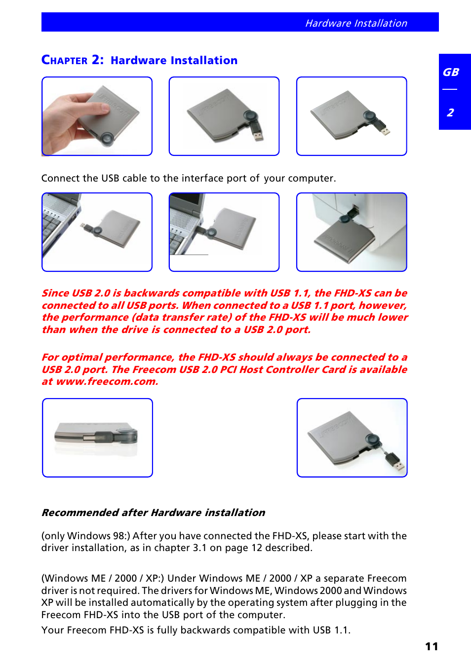 Chapter 2: hardware installation, Recommended after hardware installation | Freecom FHD-XS User Manual | Page 11 / 47