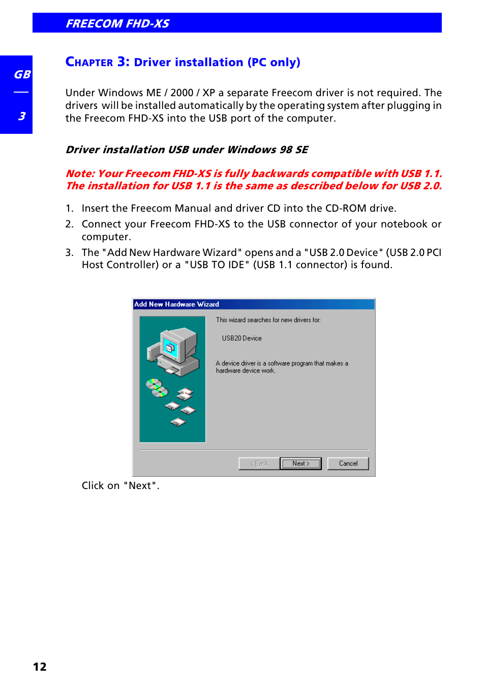Chapter 3: driver installation (pc only), Driver installation usb under windows 98 se | Freecom FHD-XS User Manual | Page 12 / 47