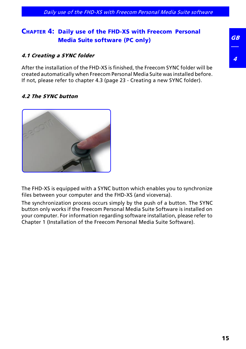 1 creating a sync folder, 2 the sync button and status of leds | Freecom FHD-XS User Manual | Page 15 / 47