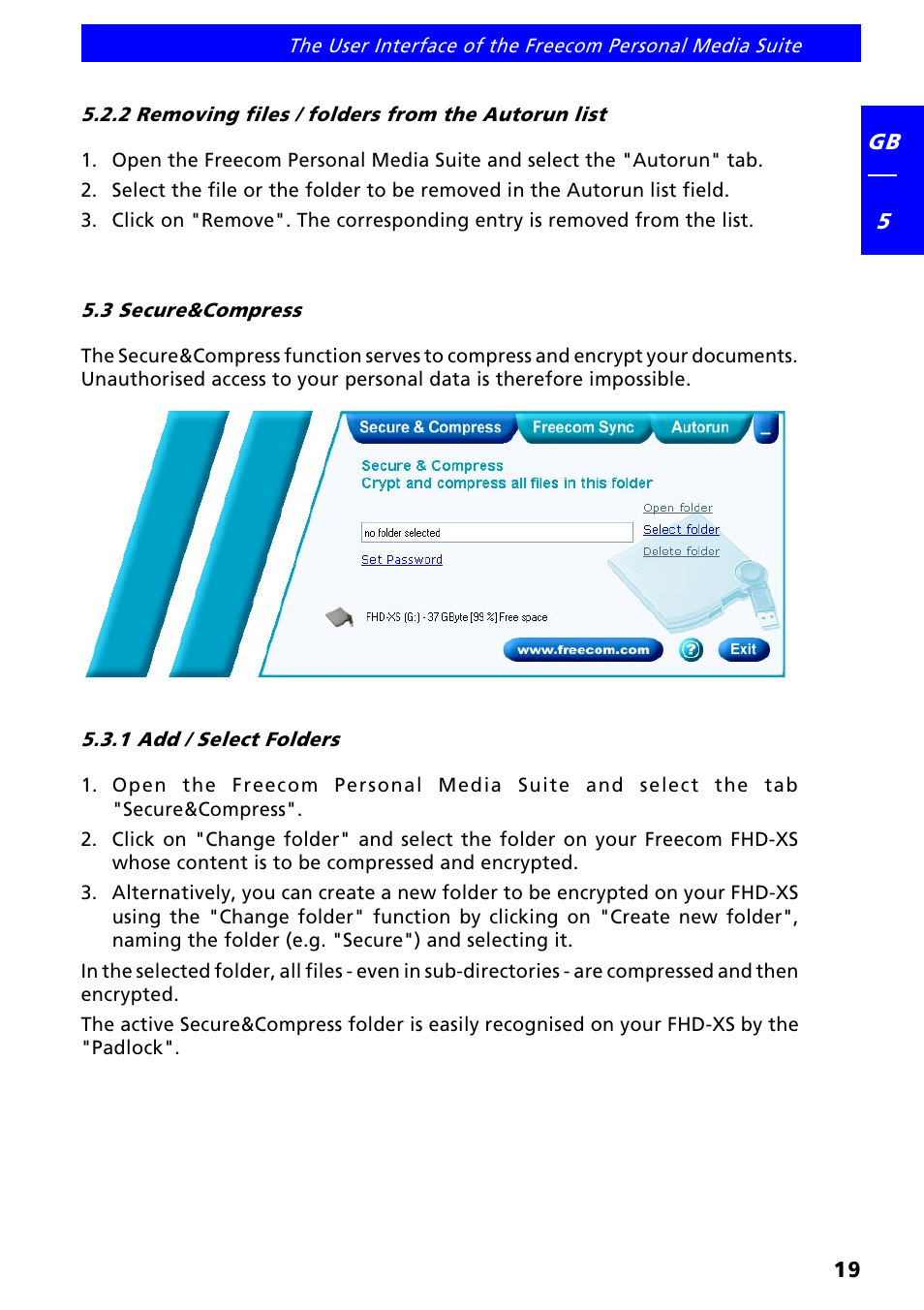2 removing files / folders from the autorun list, 3 secure&compress, 1 add / select folders | Freecom FHD-XS User Manual | Page 19 / 47