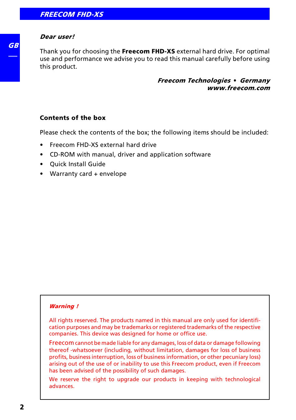 Dear user, Contents of the box | Freecom FHD-XS User Manual | Page 2 / 47