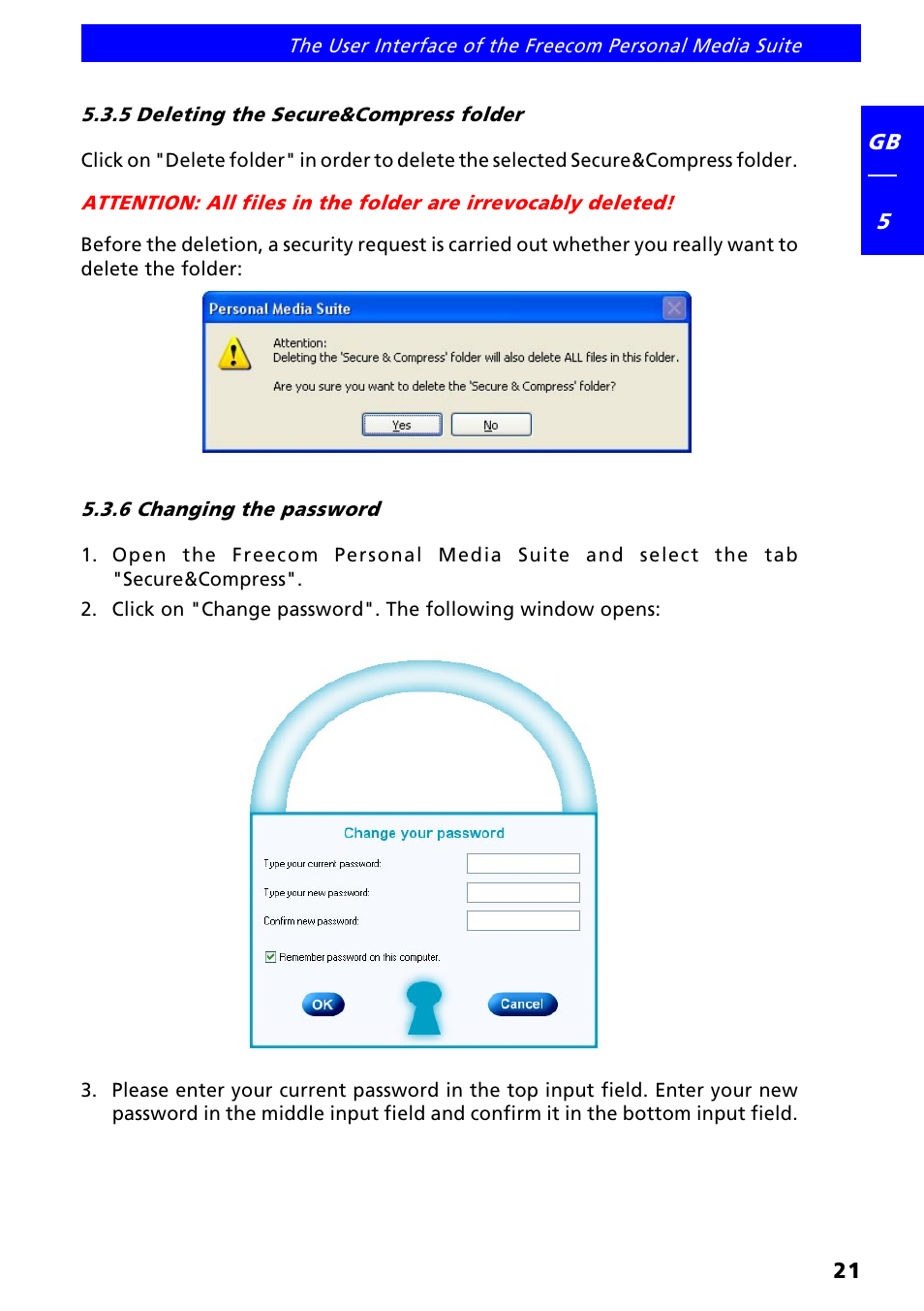 5 deleting the secure&compress folder, 6 changing the password | Freecom FHD-XS User Manual | Page 21 / 47