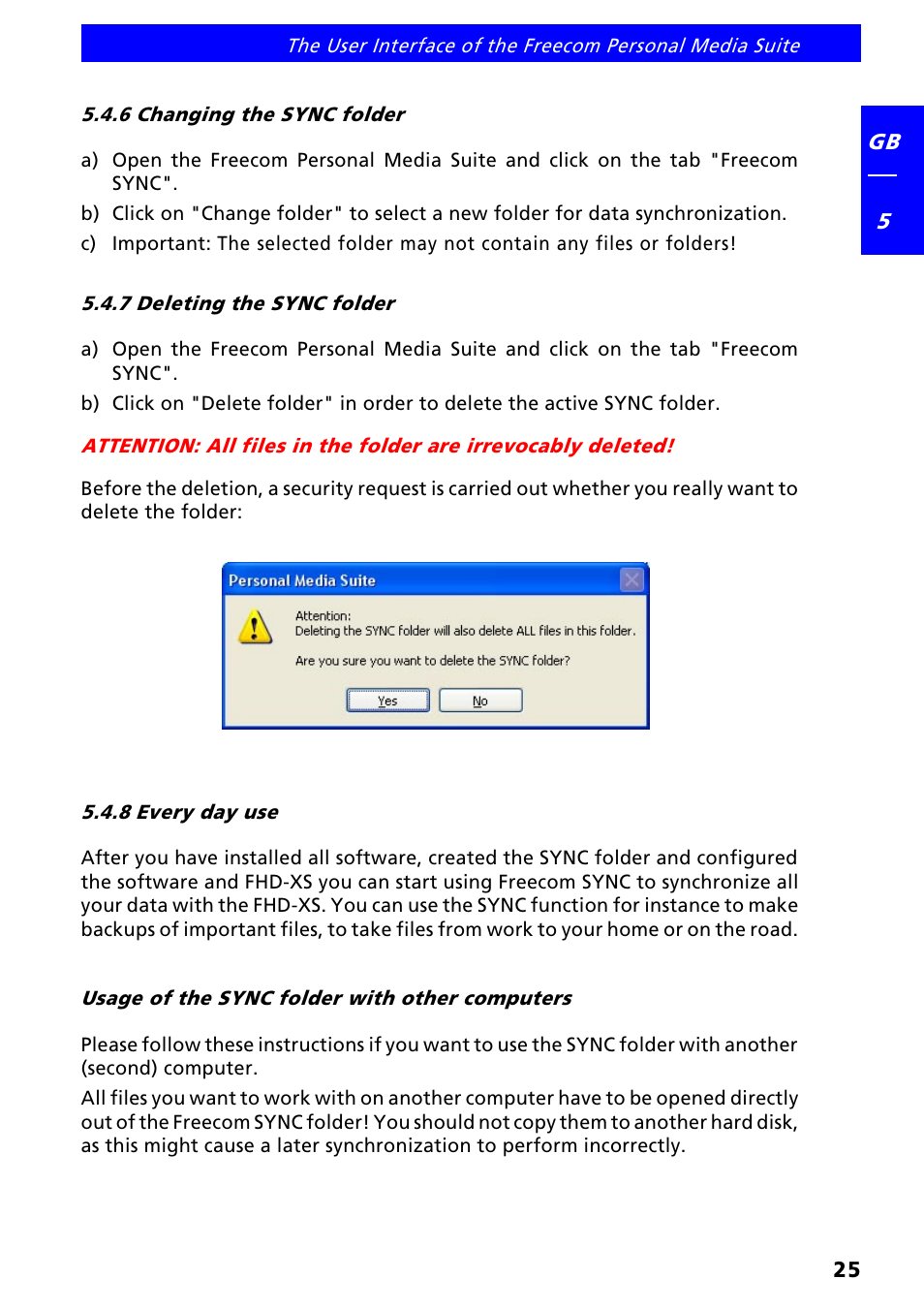 6 changing the sync folder, 7 deleting the sync folder, 8 every day use | Usage of the sync folder with other computers | Freecom FHD-XS User Manual | Page 25 / 47