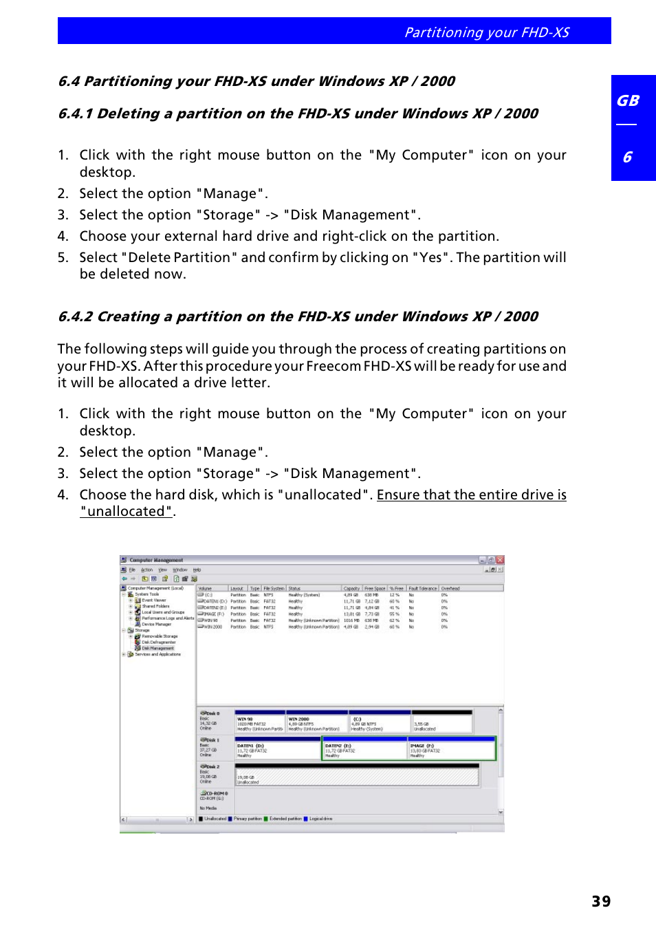 4 partitioning your fhd-xs under windows xp / 2000 | Freecom FHD-XS User Manual | Page 39 / 47