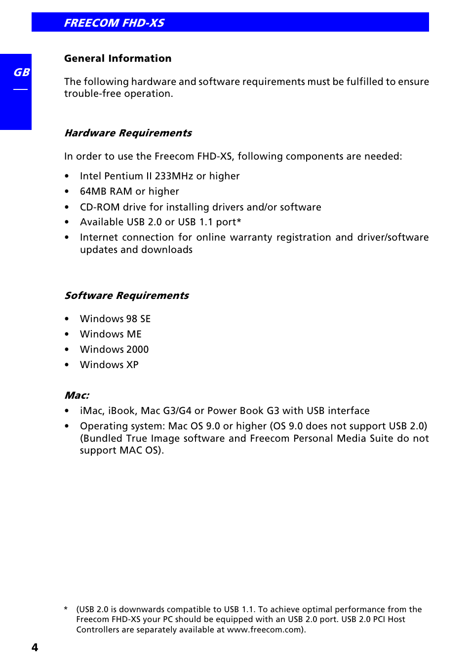 General information, Hardware requirements, Software requirements | Freecom FHD-XS User Manual | Page 4 / 47