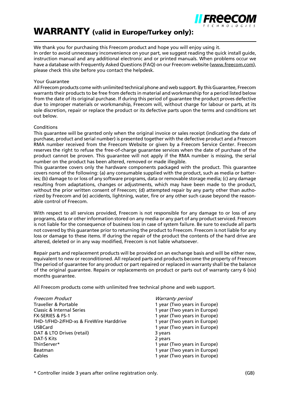 Warranty, Alid in europe/turkey only) | Freecom FHD-XS User Manual | Page 47 / 47